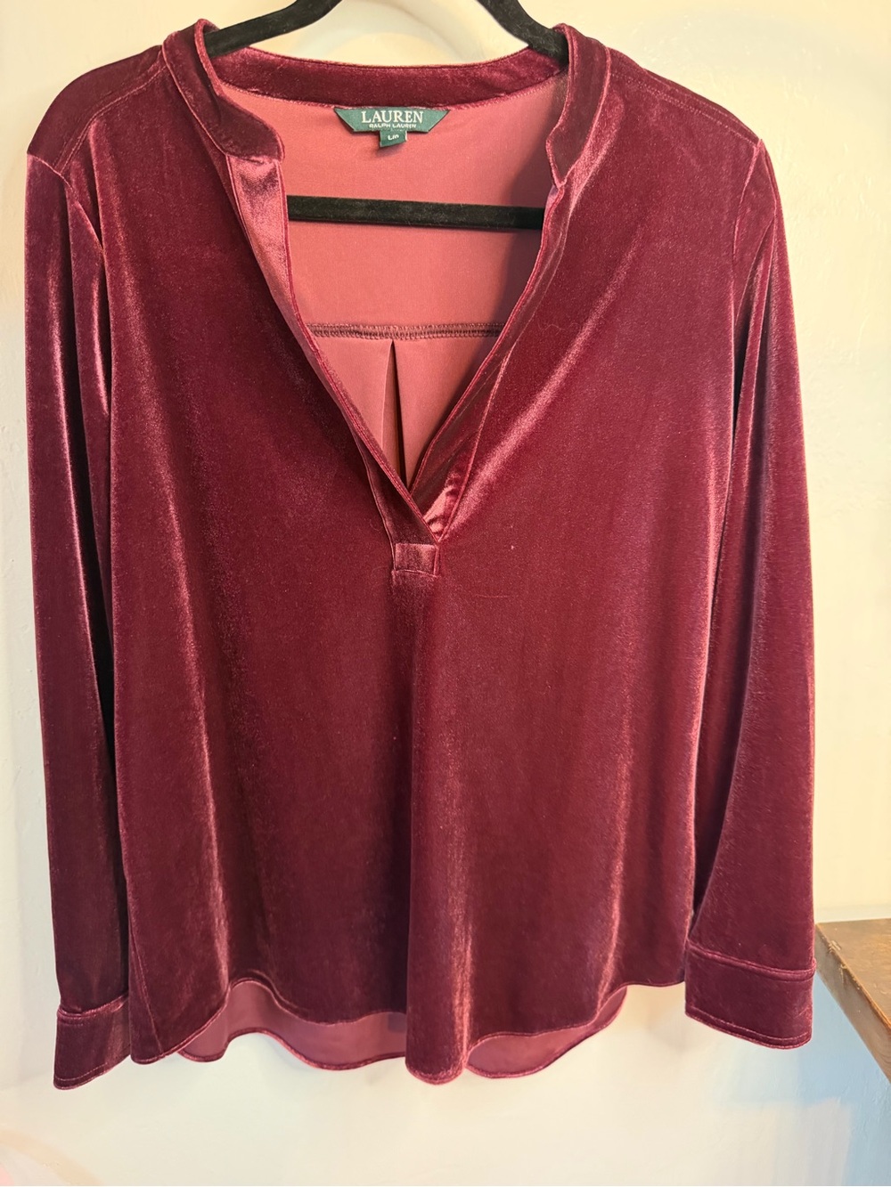 Lauren Ralph Lauren Dark Pink Velvet Long-Sleeve V-Neck Top